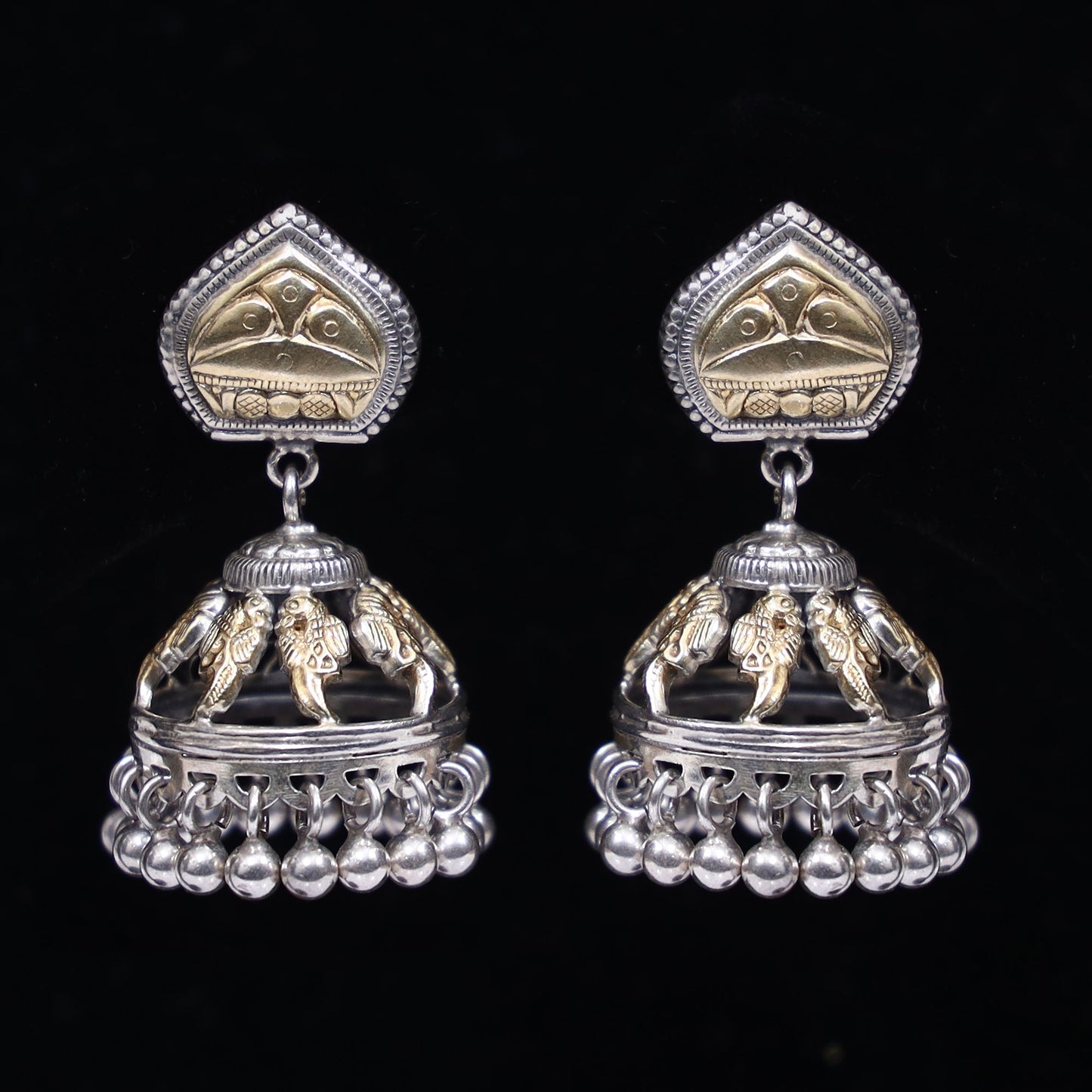 925 Silver Dual Tone Multi Peacock Handmade Earring with Silver Ball Hanging Jhumki