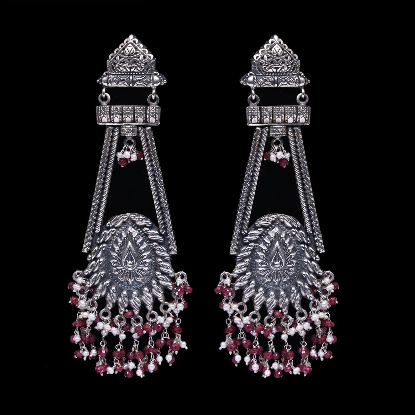 925 Silver Handmade Earring With Ruby Color and Fresh Water Pearls Hanging