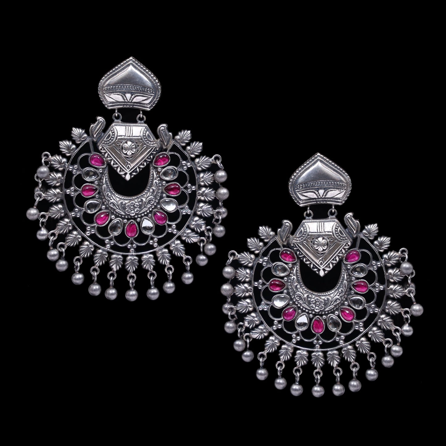 925 Silver Handmade Earring With Ruby Color and Silver Ball Hanging