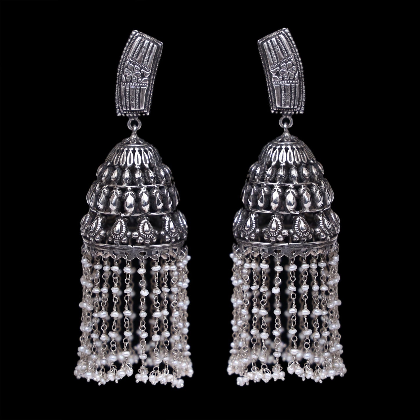 925 Silver Long Antique Look Handmade Earring with Fresh Water Pearl Hanging Jhumki