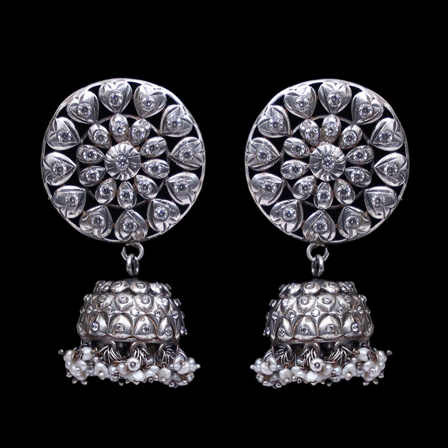925 Silver Handmade Earring With Zircon and Silver Ball Hanging Jhumki