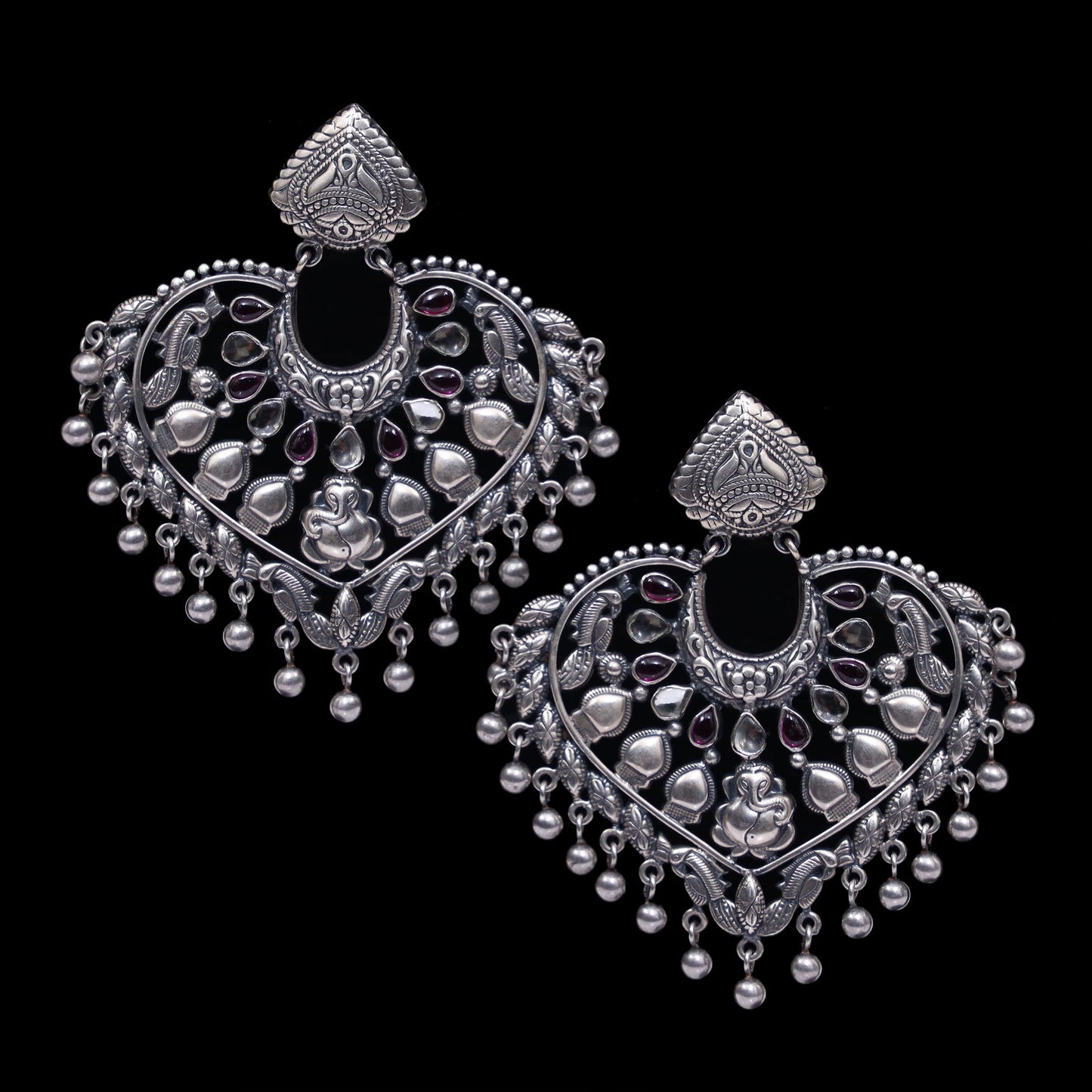 925 Silver Ganpati Handmade Earring With Ruby Color and Silver Ball Hanging