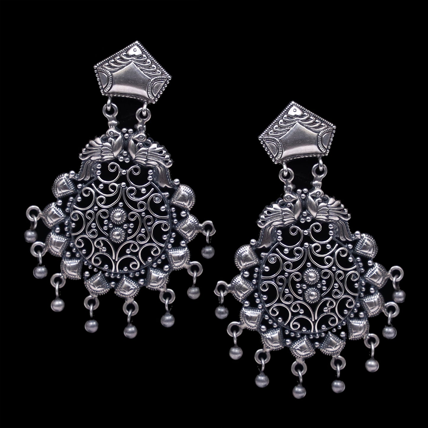 925 Silver Dual Peacock Handmade Earring With Silver Ball Hanging