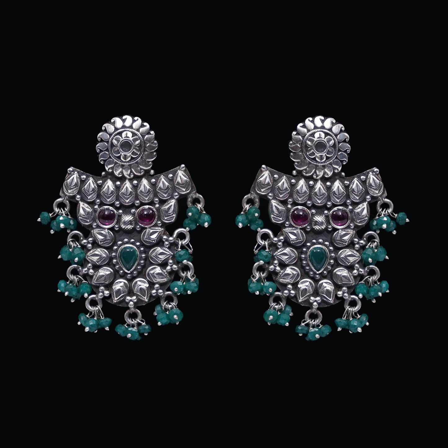 925 Silver Handmade Earring With Multicolor Stone and Green Hanging