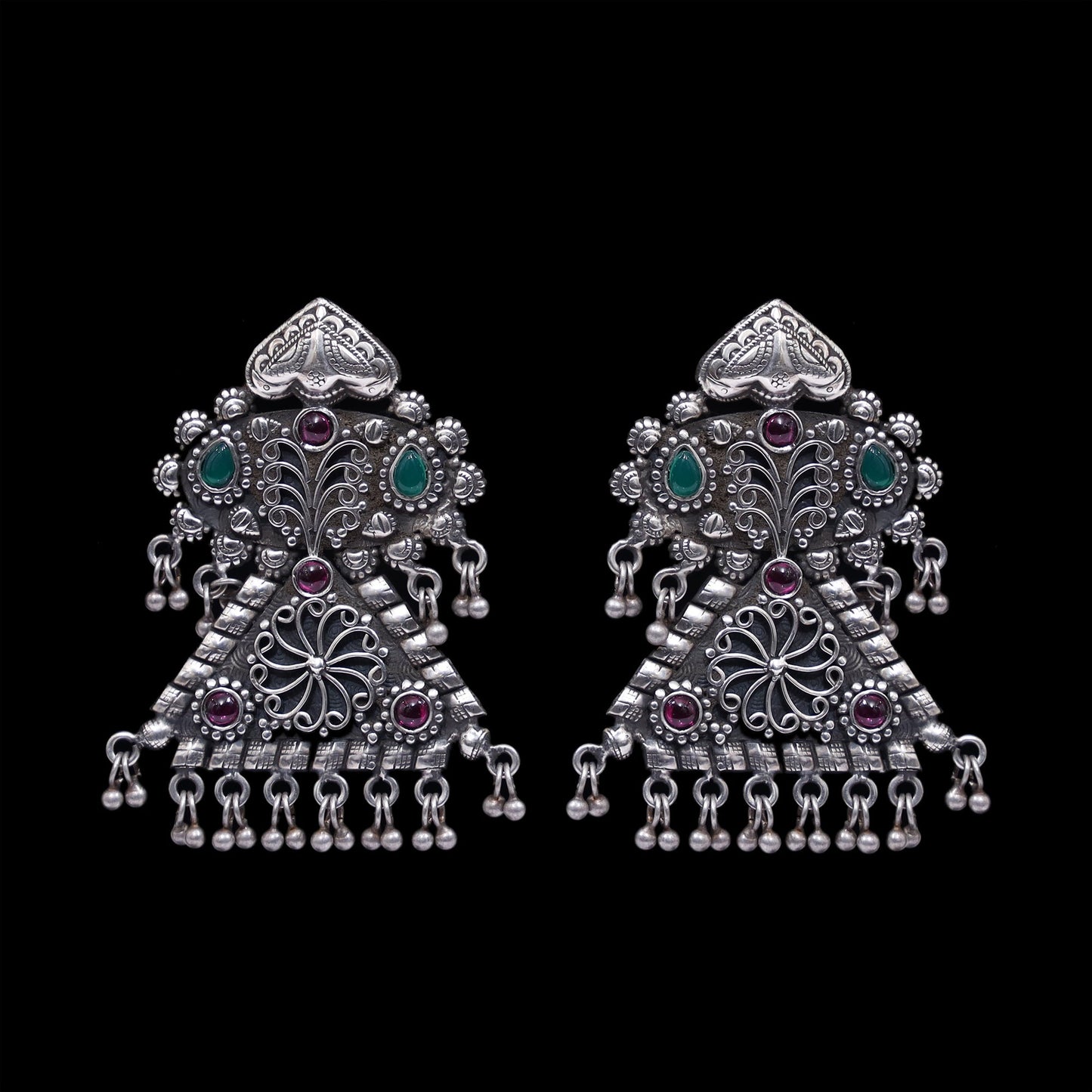 925 Silver Handmade Earring With Multicolor Stone and Silver Ball Hanging