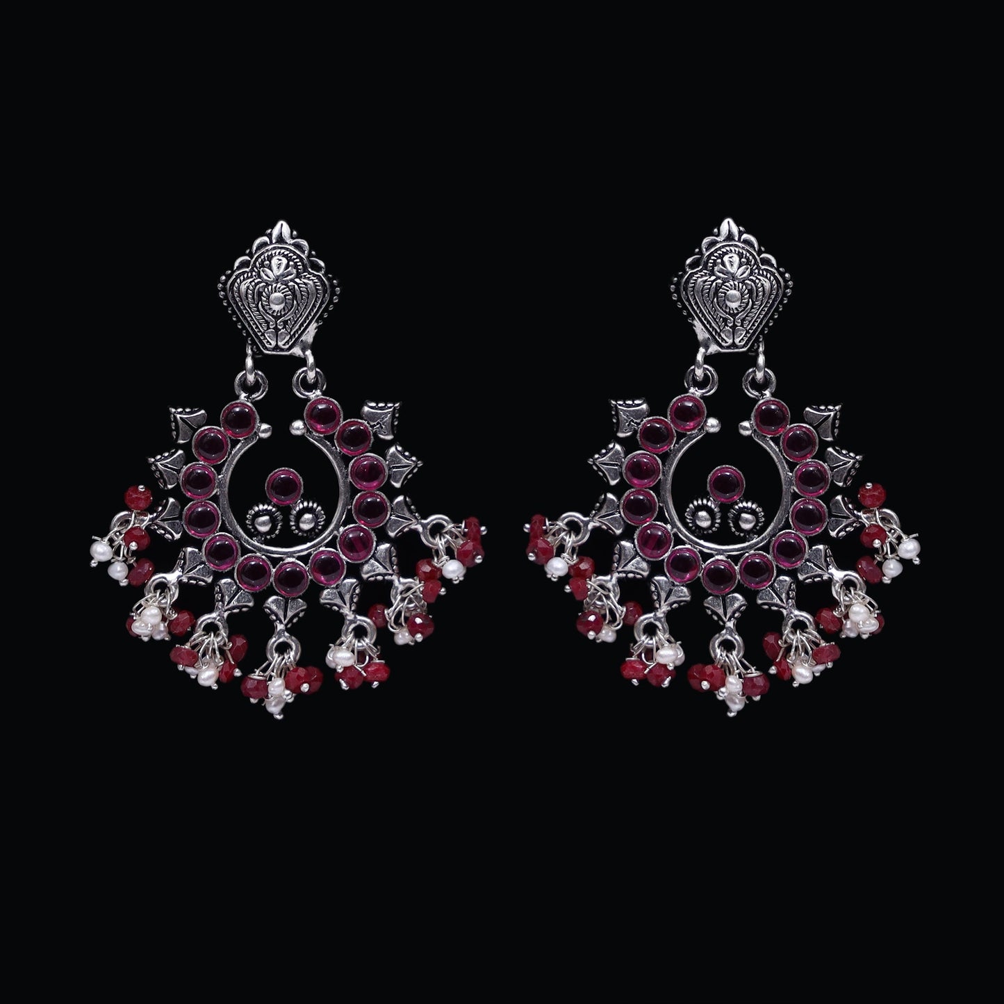 925 Silver Handmade Earring with Ruby Color and Fresh Water Pearl Hanging