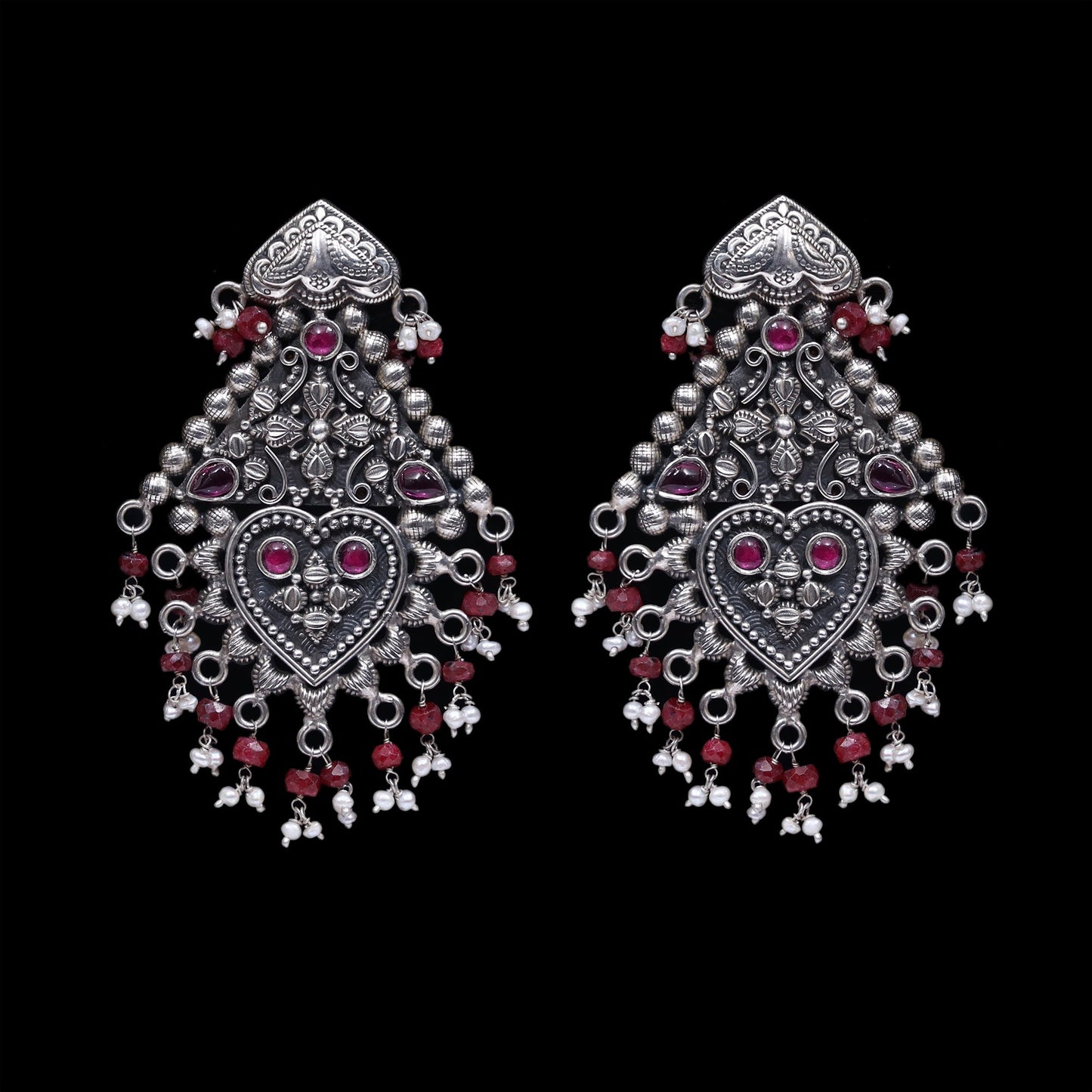 925 Silver Multicolor Handmade Earring With Ruby and Fresh Water Pearls Hanging