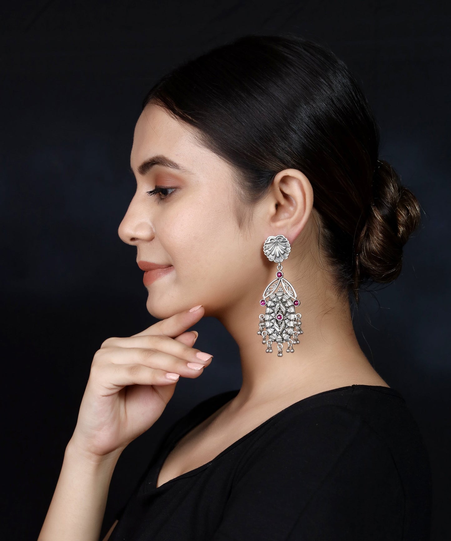925 Silver Antique Look Handmade Earring With Silver Ball Pearls Hanging