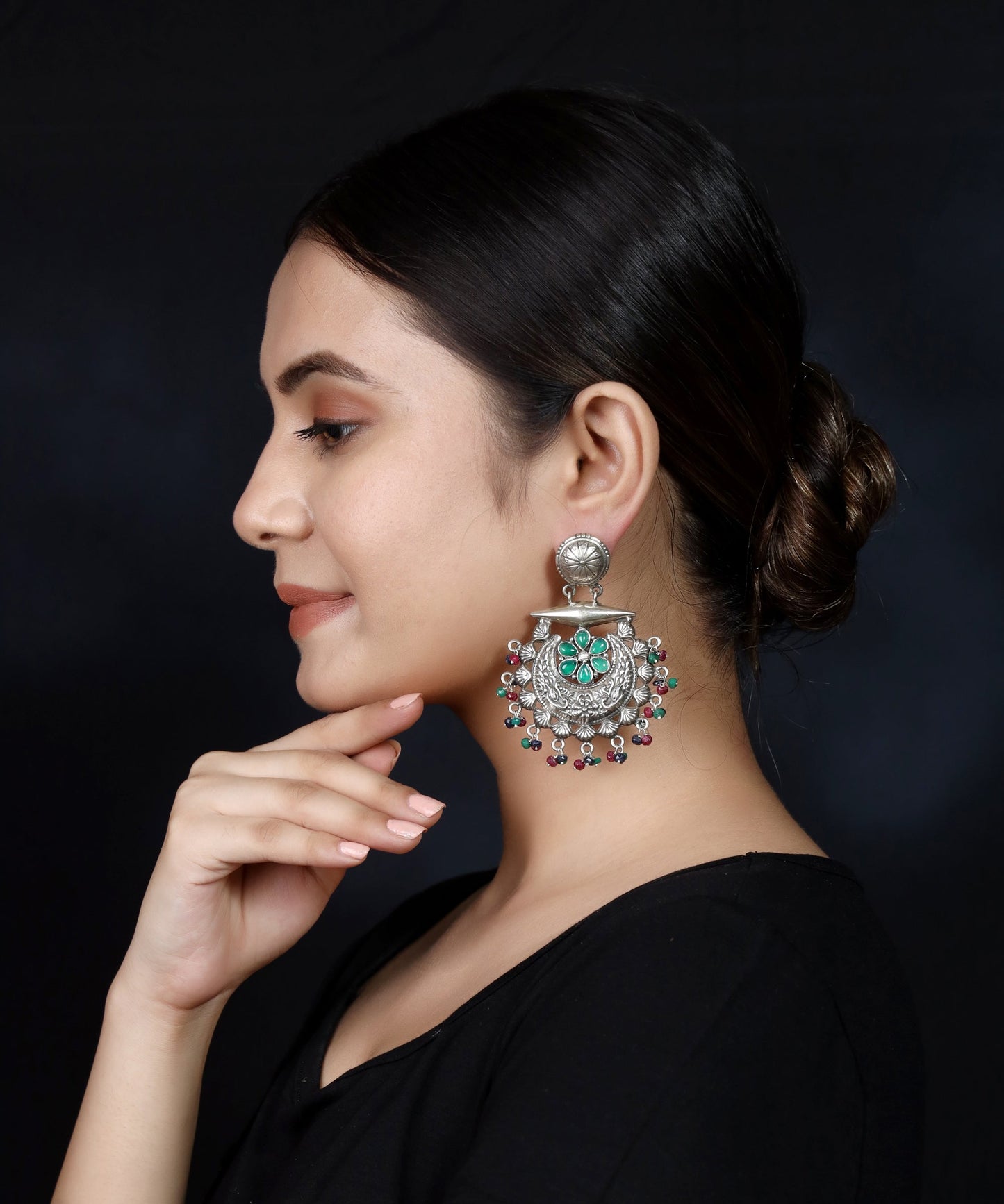 925 Silver Half Moon Multicolor Handmade Earring with Ruby Color and Green Stone Hanging