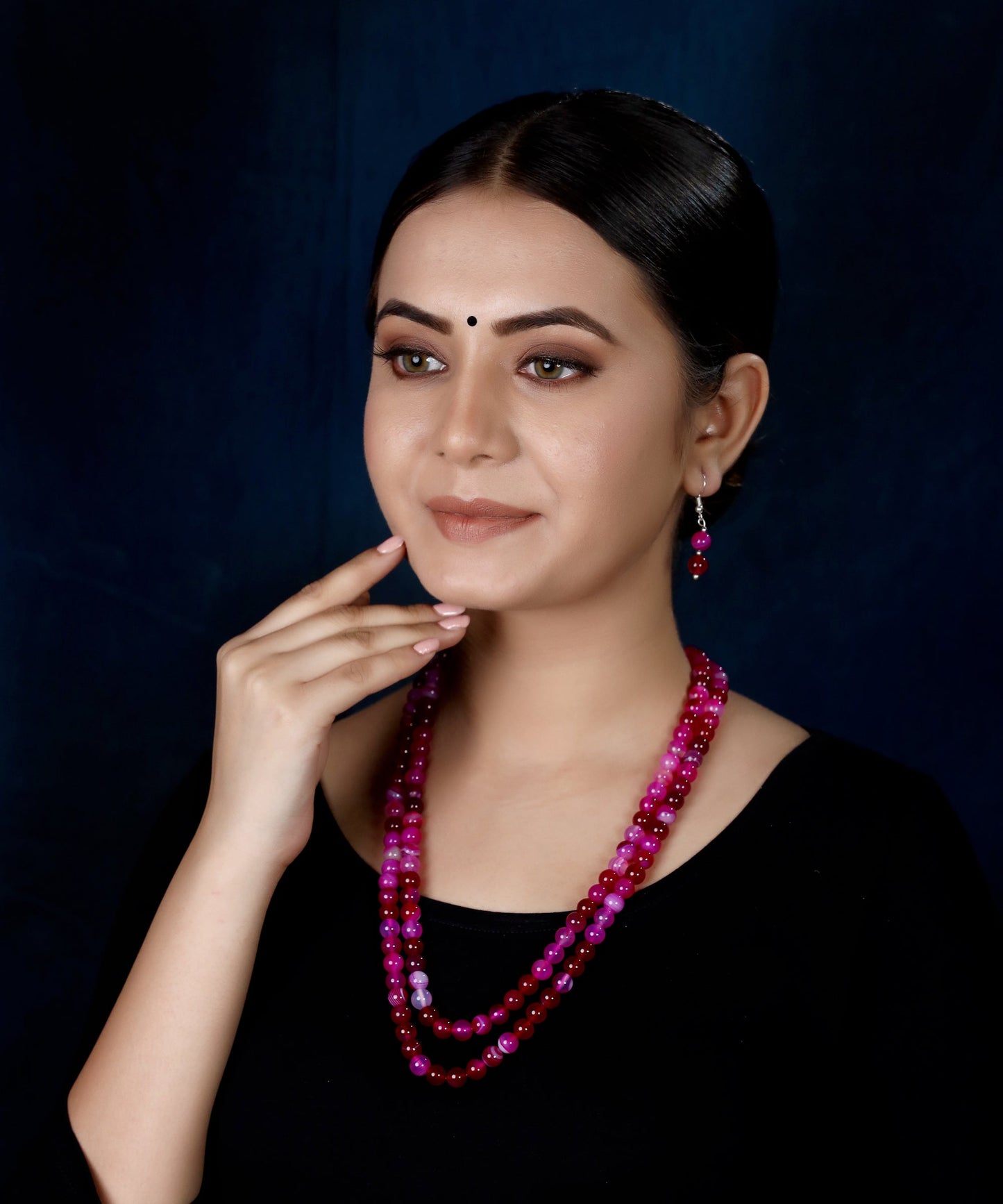 Imeora Multi Pink Agate 8mm Double Line Necklace With 8mm Earrings