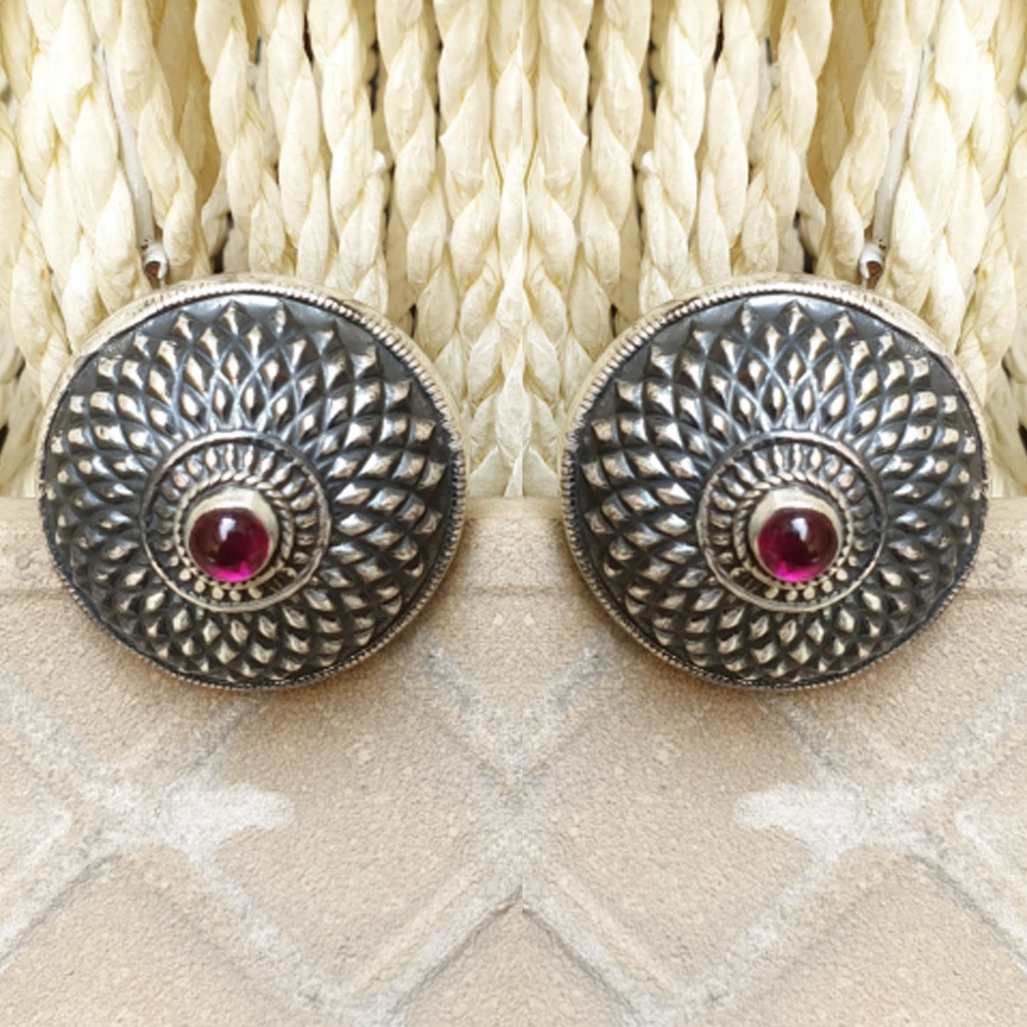 925 Silver Antique Look Stud With Ruby Red Center