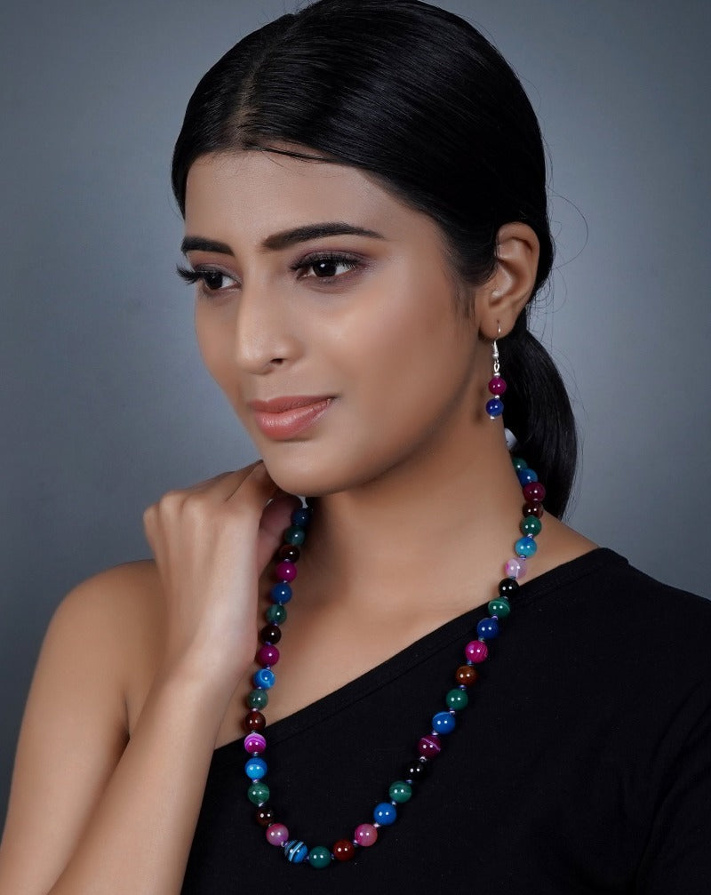 Imeora Knotted Multicolor 10mm Agate Necklace With 8mm Earrings