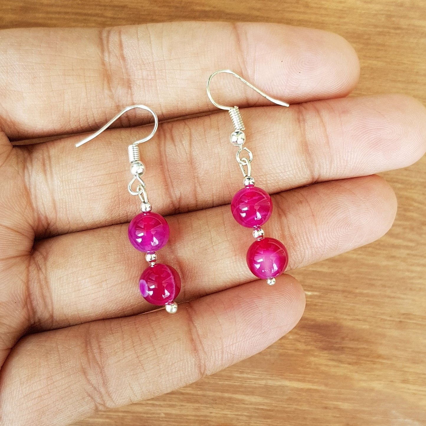 Imeora Multi Pink Agate 8mm Double Line Necklace With 8mm Earrings
