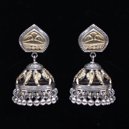 925 Silver Dual Tone Multi Peacock Handmade Earring with Silver Ball Hanging Jhumki
