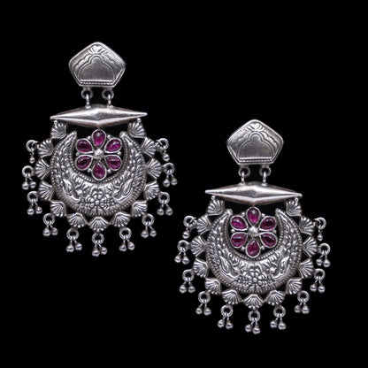 925 Silver Handmade Earring With Ruby Color and Silver Ball Hanging