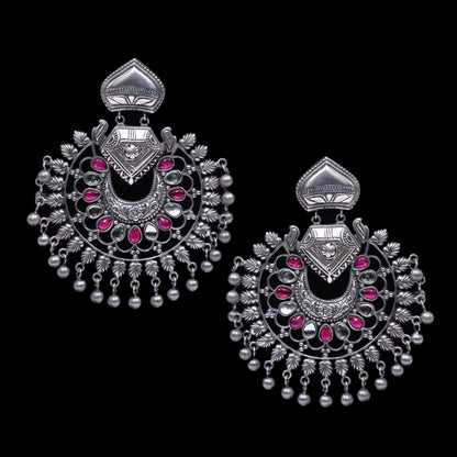 925 Silver Handmade Earring With Ruby Color and Silver Ball Hanging