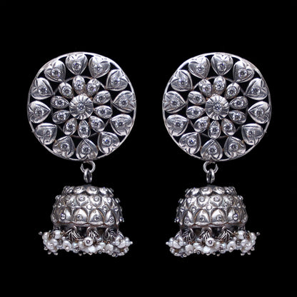 925 Silver Handmade Earring With Zircon and Silver Ball Hanging Jhumki