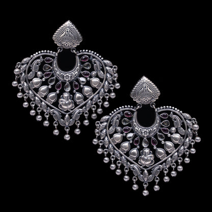 925 Silver Ganpati Handmade Earring With Ruby Color and Silver Ball Hanging