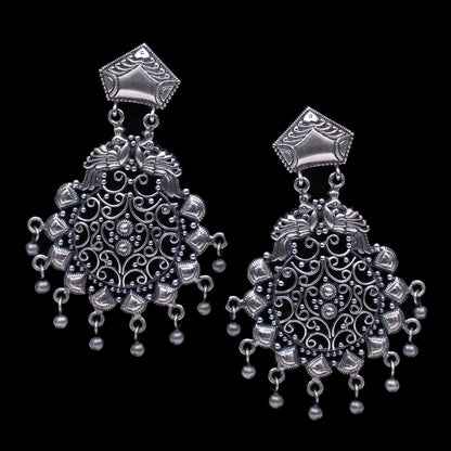 925 Silver Dual Peacock Handmade Earring With Silver Ball Hanging