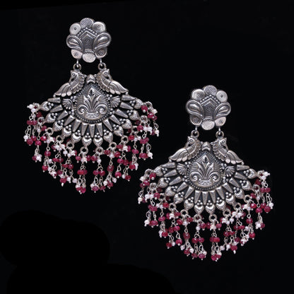 925 Silver Handmade Dual Peacock Earring With Ruby Color Stone and Fresh Water Pearls Hanging