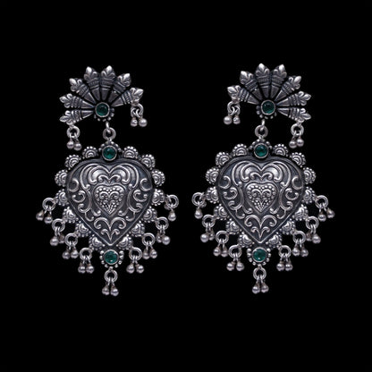 925 Silver Antique Look Handmade Earring with Green Color and Silver Ball Hanging