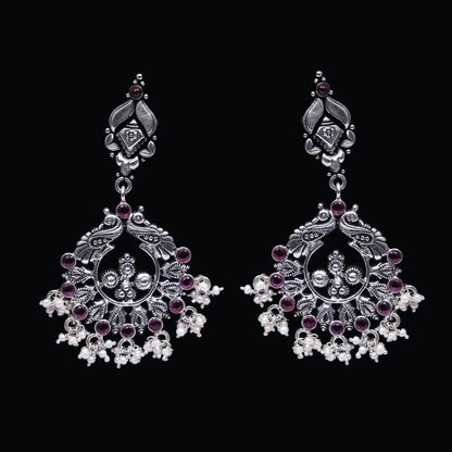 925 Silver Handmade Earring with Ruby Color and Fresh Water Pearl Hanging