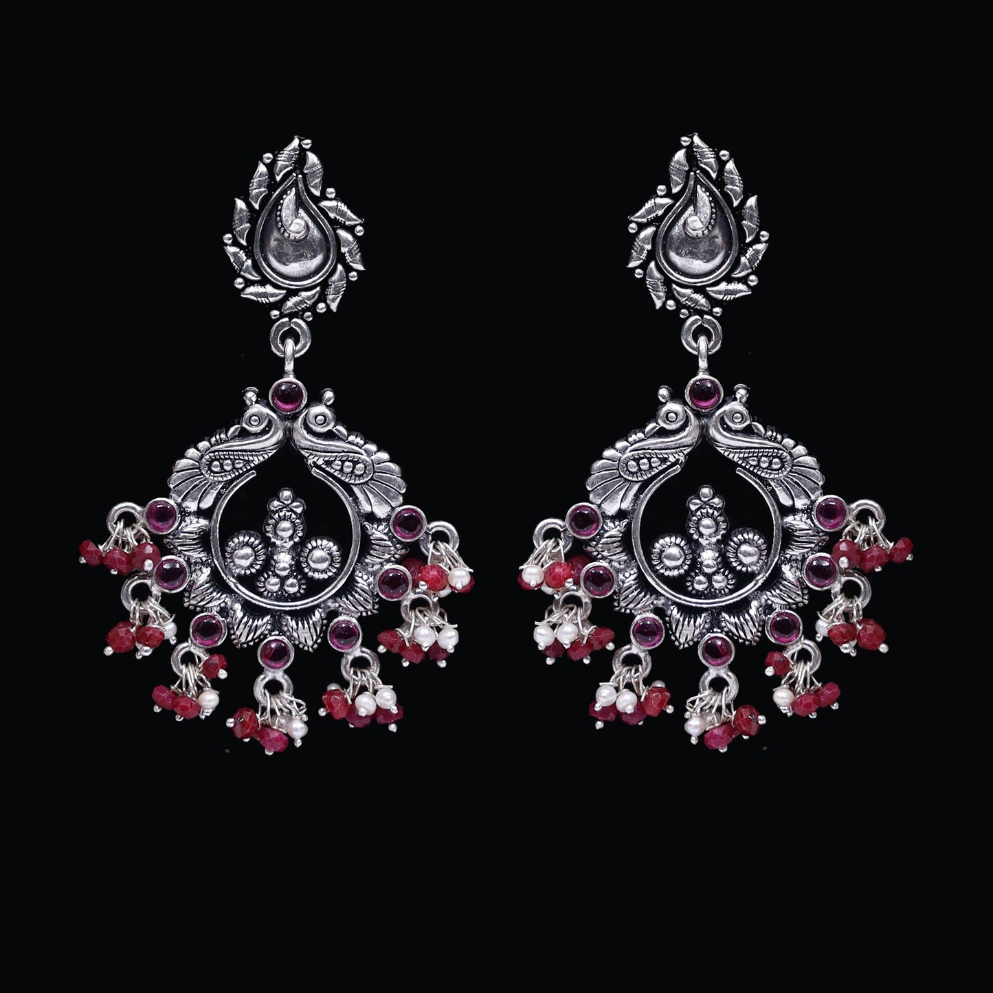 925 Silver Handmade Earring with Ruby Color and Fresh Water Pearl Hanging