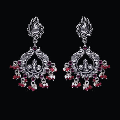 925 Silver Handmade Earring with Ruby Color and Fresh Water Pearl Hanging