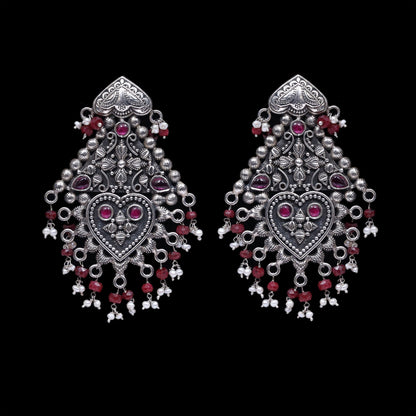 925 Silver Multicolor Handmade Earring With Ruby and Fresh Water Pearls Hanging