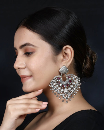 925 Silver Ganpati Handmade Earring With Ruby Color and Silver Ball Hanging