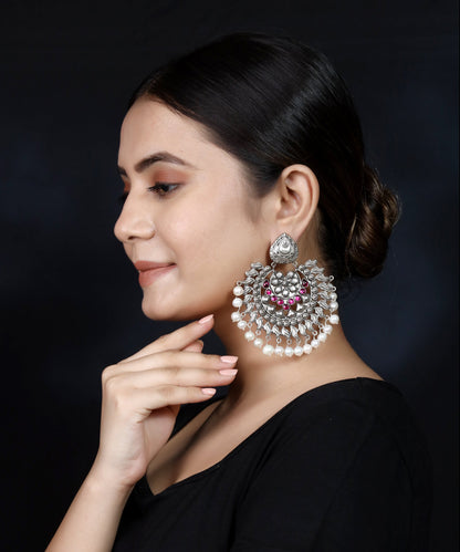 925 Silver Handmade Earring With Ruby Color Stone and Fresh Water Pearls Hanging