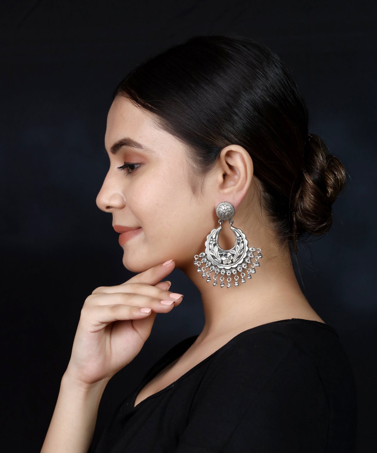 925 Silver Floral Handmade Earring With Silver Ball Hanging