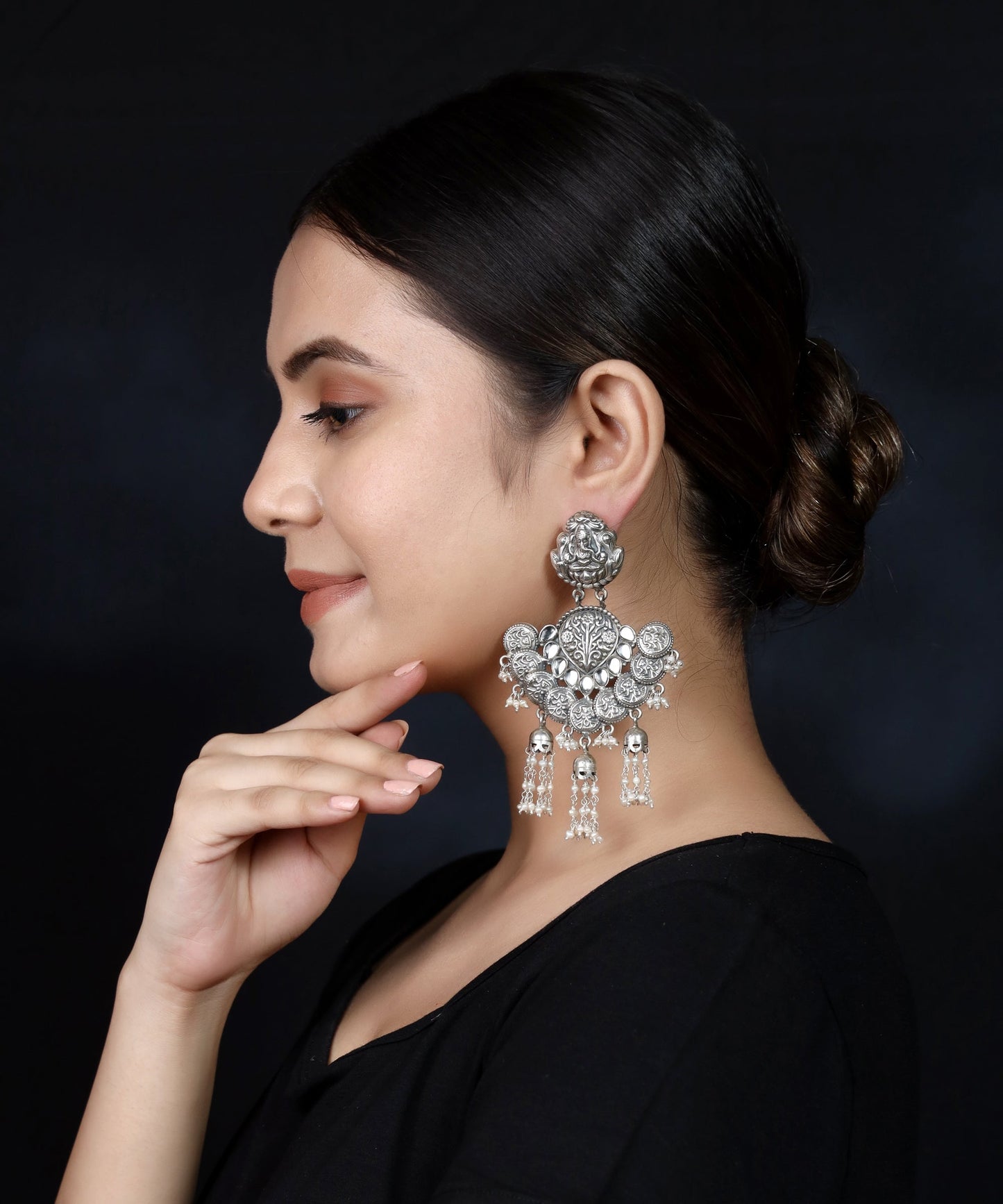 925 Silver Long Handmade Earring with Tripple Fresh Water Pearl Hanging