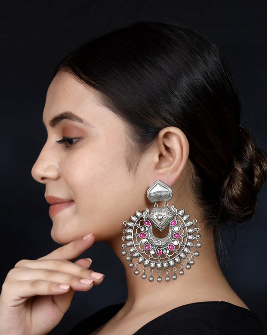 925 Silver Handmade Earring With Ruby Color and Silver Ball Hanging