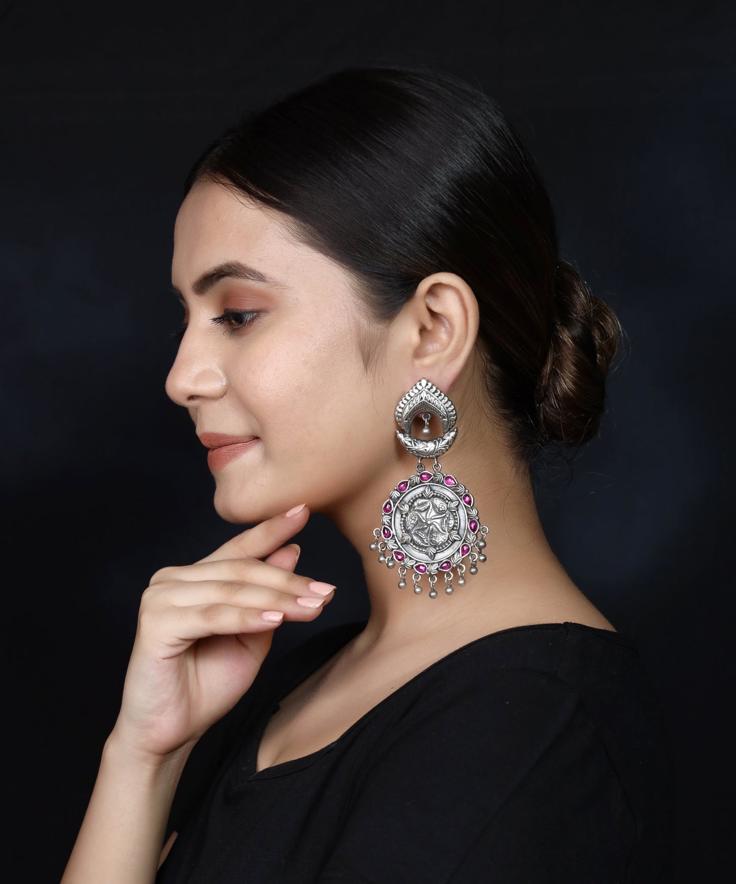 925 Silver Long Handmade Earring with Ruby Color and Silver Ball Hanging
