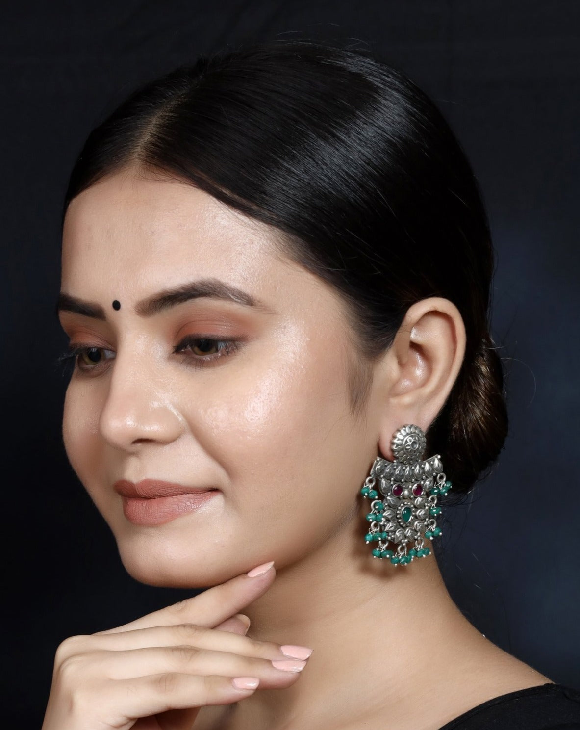 925 Silver Handmade Earring With Multicolor Stone and Green Hanging