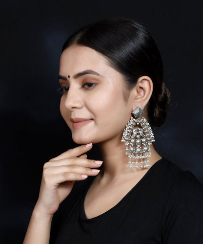 925 Silver Dual Peacock Handmade Earring With Fresh Water Pearls Hanging