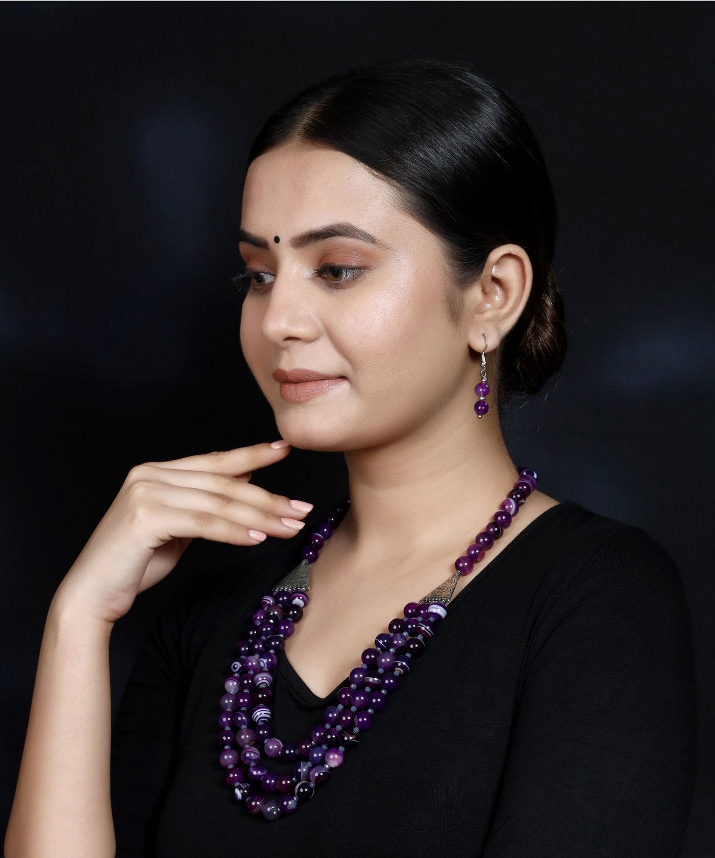 Imeora Tripple Line 10mm Agate Necklace With 8mm Earrings
