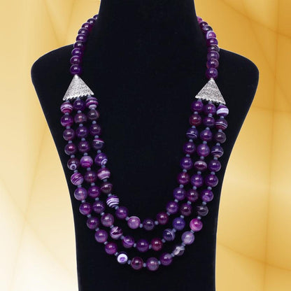 Imeora Tripple Line 10mm Agate Necklace With 8mm Earrings